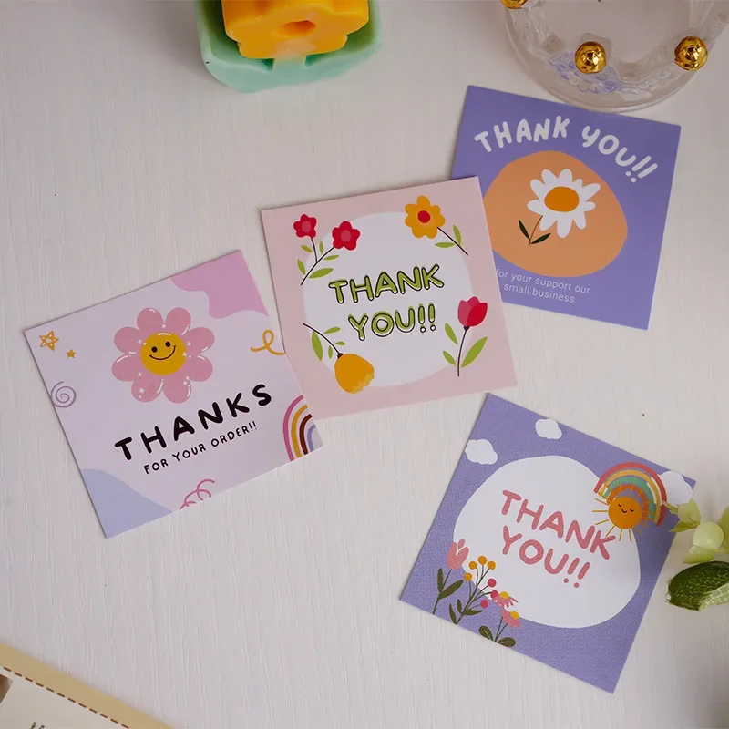 

50Pcs 6cm*6cm Thank You Cards Cartoon Flower Greeting Postcards Multicolor Universal Gratitude Labels Event Ornament Home Decor