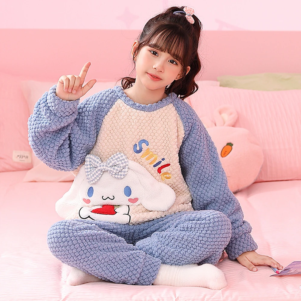 Anime Sanrios Spring Autumn Kuromi Cinnamoroll Children Flannel Pajamas Cartoon Korean Style Warm Pajama Children\'s Home Wear