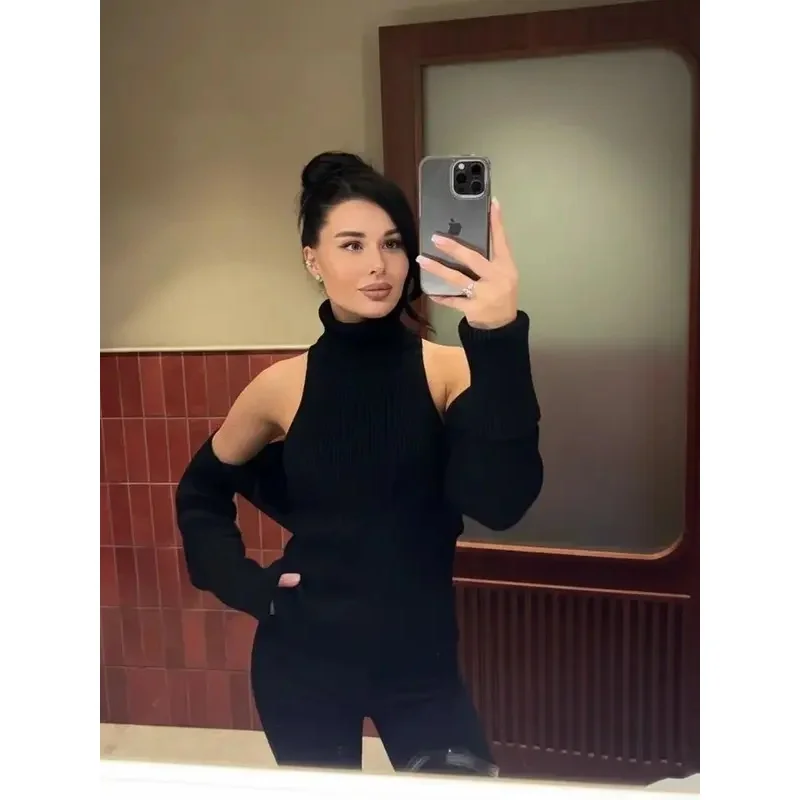 Women's Grey Turtleneck Backless Knitted Sweater Sleeveless Vest Pulls Tops Winter Spring Clothing Pink Blue Black Brown White view 5