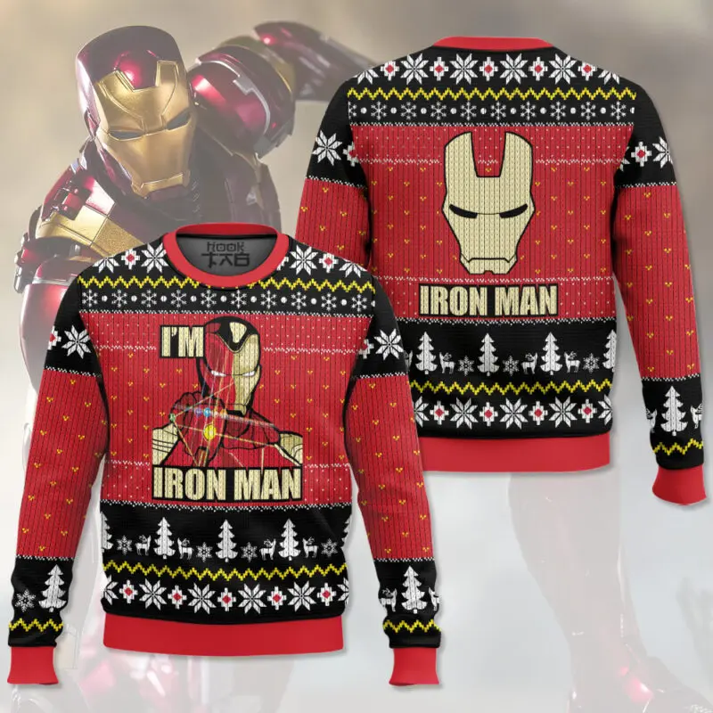 

Marvel Superhero Iron Man Fires Light Christmas Ugly Sweater Red And Black Snowflakes Christmas Tree Reindeer Christmas Outfit