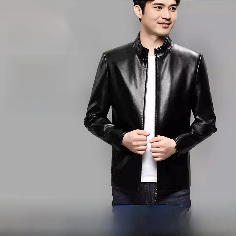 

New Men's PU Leather Jaet High-End Sensation Leather Coat Summer Faionable Stand Collar Regular Fit Fiber Blend Material