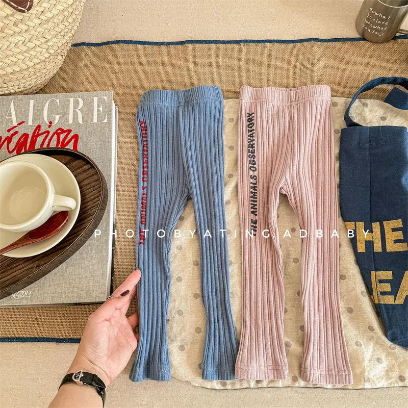 Spring New Children Trousers Baby Girl Letter Print Ribbed Leggings Cotton Toddler Versatile Casual Pants Kids Clothes