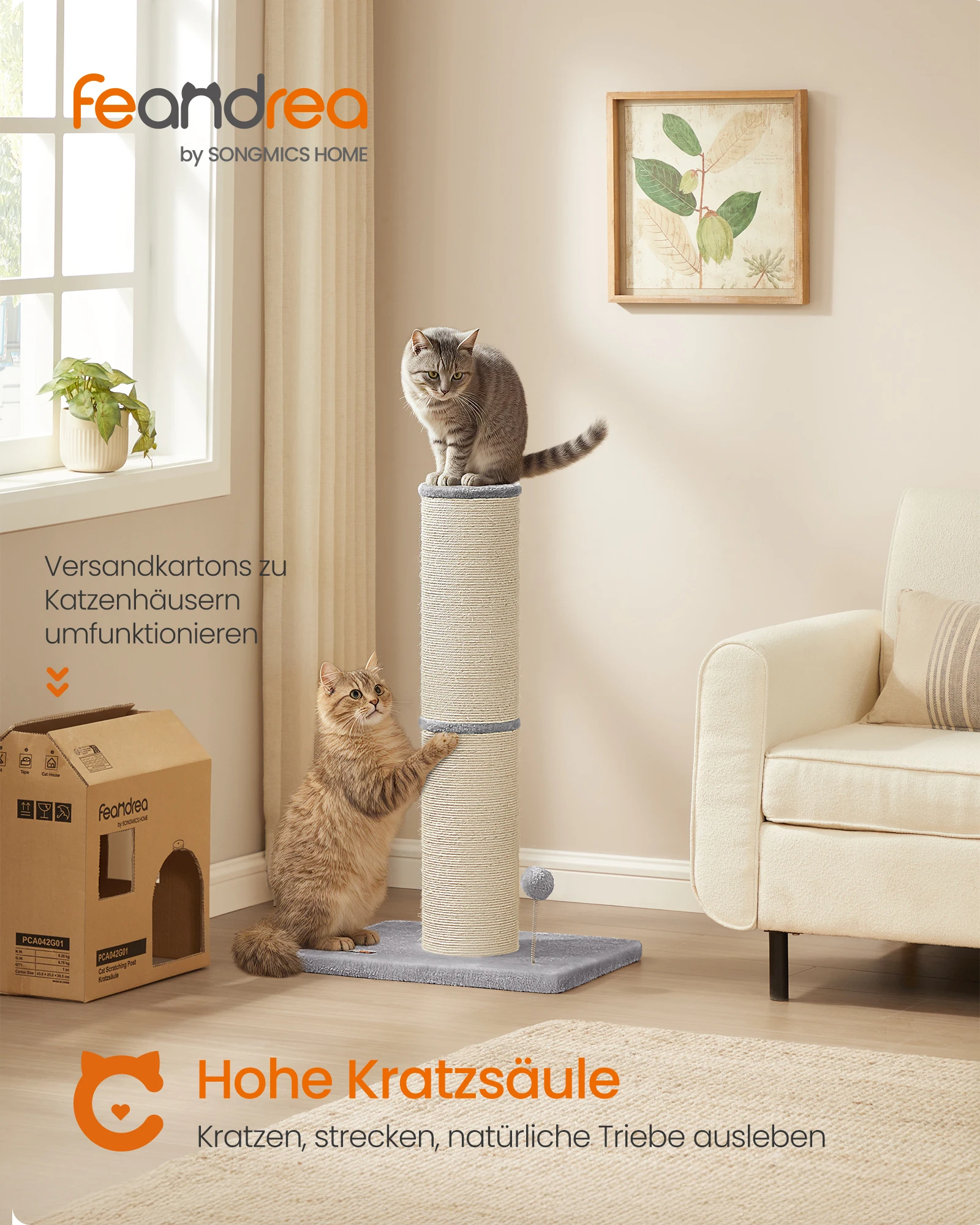 Feandrea Kratzbaum, Höhe 85 cm, Katzenbaum, Kratzstamm geeignet für große Katzen wie Maine Coons, Sisalstamm