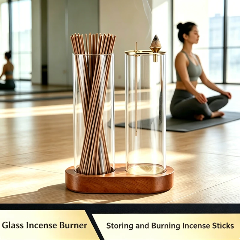 Brûleur d'encens 3-en-1 pour bâtonnets et cônes, porte-encens à refoulement avec récupérateur de cendres en verre et organisateur de bâtonnets pour la méditation et le yoga