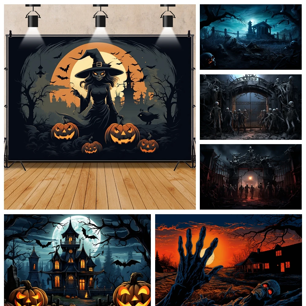 Halloween Horror Night Fear Pumpkin House Hand Family Party Banner Backdrop Custom Adult Kids Wall Photo Poster Decor Background