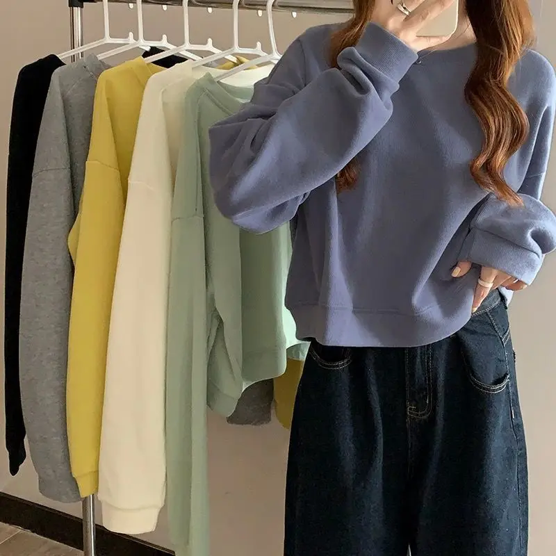 2024 New Spring Autumn Korean Solid Color Thin Hoodie Woman's Clothes Fashion O-neck Long Sleeve Loose Short All-match Youth Ins