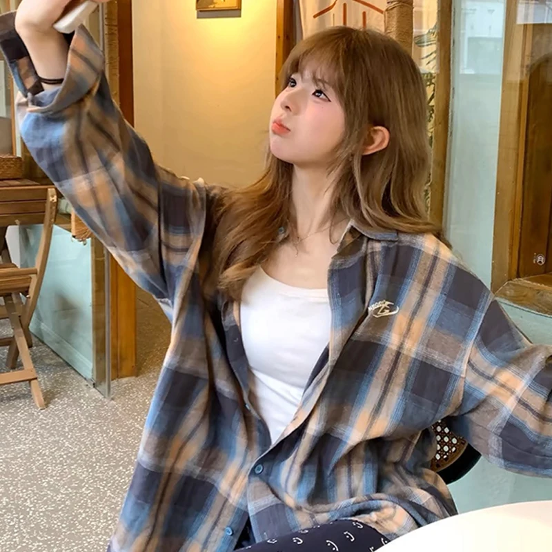 Plaid Shirts Women Hotsweet Vintage Contrast Color Slouchy Long Sleeve Korean Style All-match Hipster Ladies Clothing New