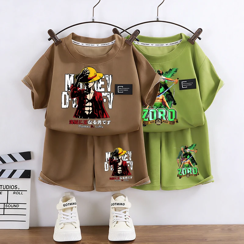 One Piece Waffle Short-sleeved Shorts Set Child Luffy T Shirt Girl Boy Summer Tops and Bottoms Anime Cartoon Clothes Suit Tees
