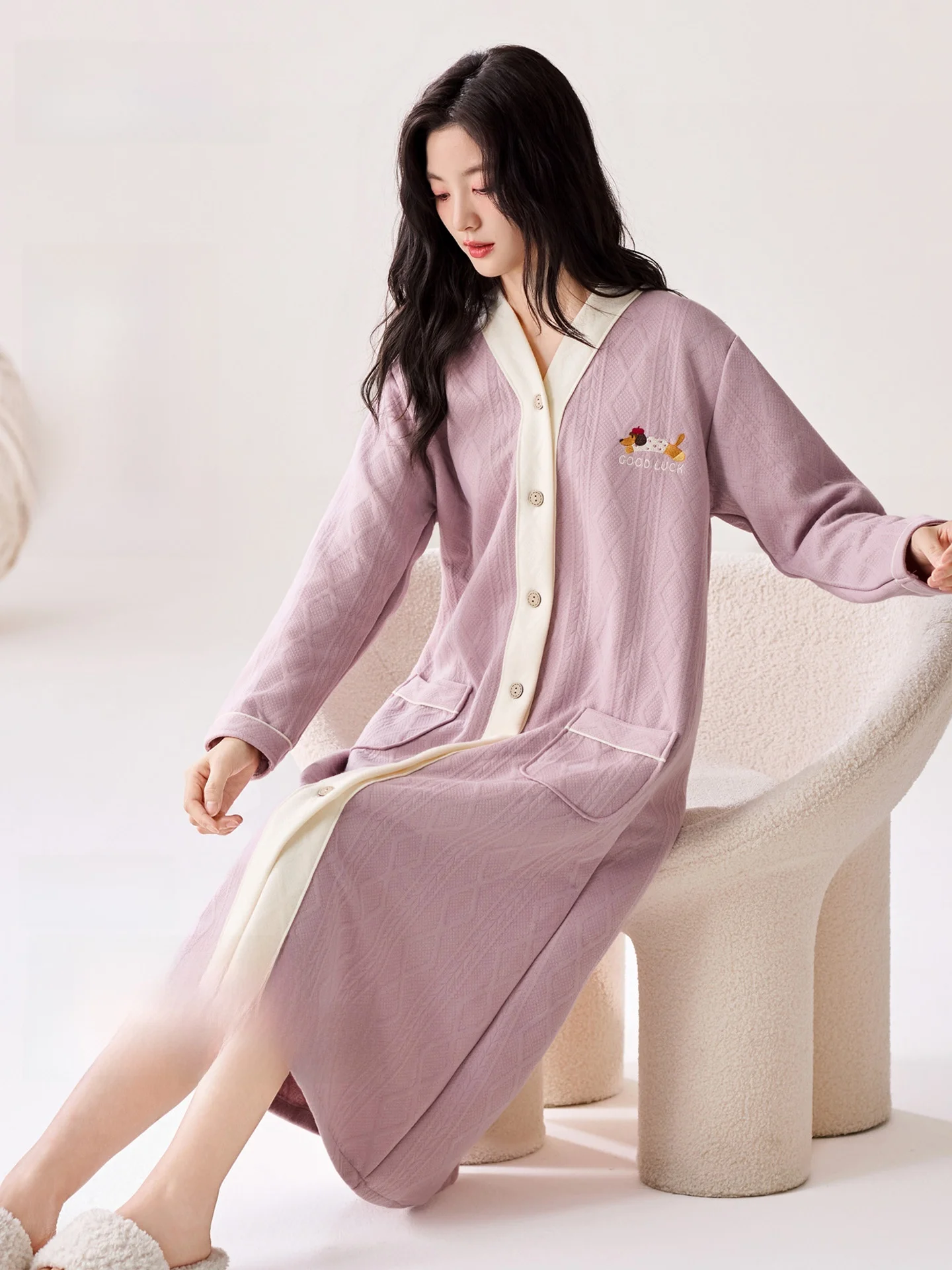 air-cotton-layered-sleepwear-v-neck-long-sleeve-women's-style-winter-warm-home-clothes-comfortable-knitted-polyester-blend