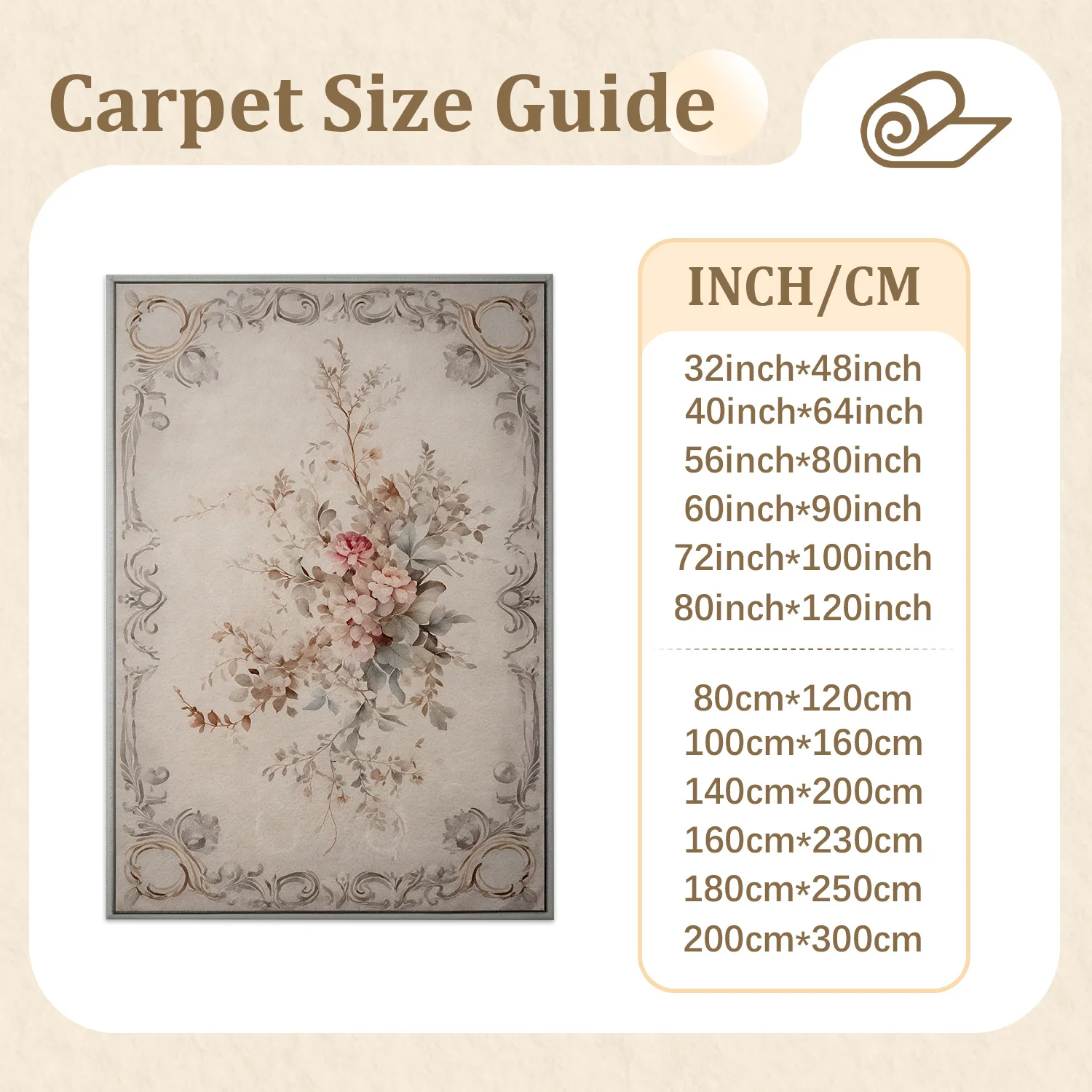 Large Indoor Area Rug, Soft Velvet Low Pile Non-Slip Dotted Backing, Machine Washable, Vintage Muted Floral Scrollwork Pattern for Living Room Bedroom, Neutral Toned Decorative Floor Rug