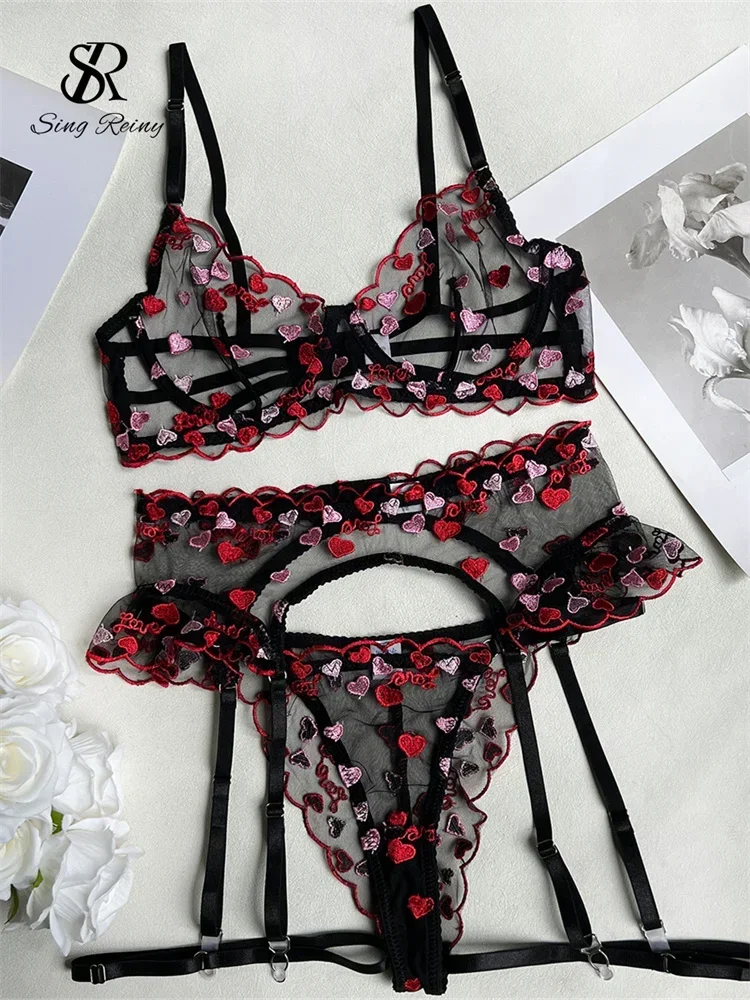 

SINGREINY Female Sensual Embroidery Skinny Bra&Briefs Sets Sexy Garter Straps Slim Lingerie Love Erotic Sheer Underwear Suits