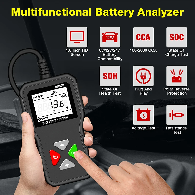 100-2000 CCA Black Car Battery Tester BM550 Car Battery Tool 6V 12V 24V Battery System Detect Auto Battery Analyzer