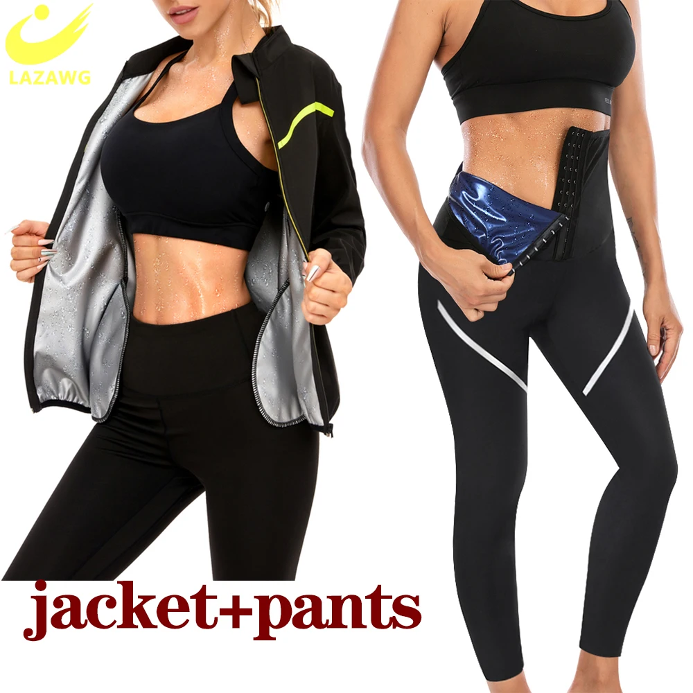 

LAZAWG Women Sauna Body Shaper Shirt Yoga Legging Trimmer Pant Waist Trainer Tracksuits Set Sweat Suit Weight Loss Jacket Pants