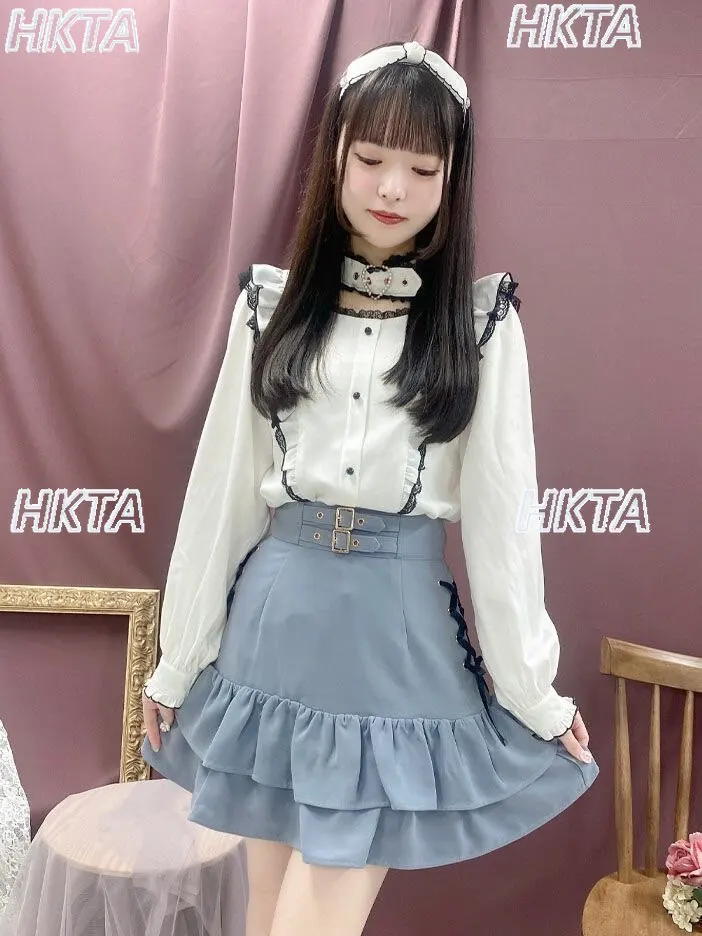 

Japanese Sweet Square Neck Heart-shaped Buckle Ruffle Shirt Spring Summer Lace Stitching Pleated Lolita Blouses Black Top Women