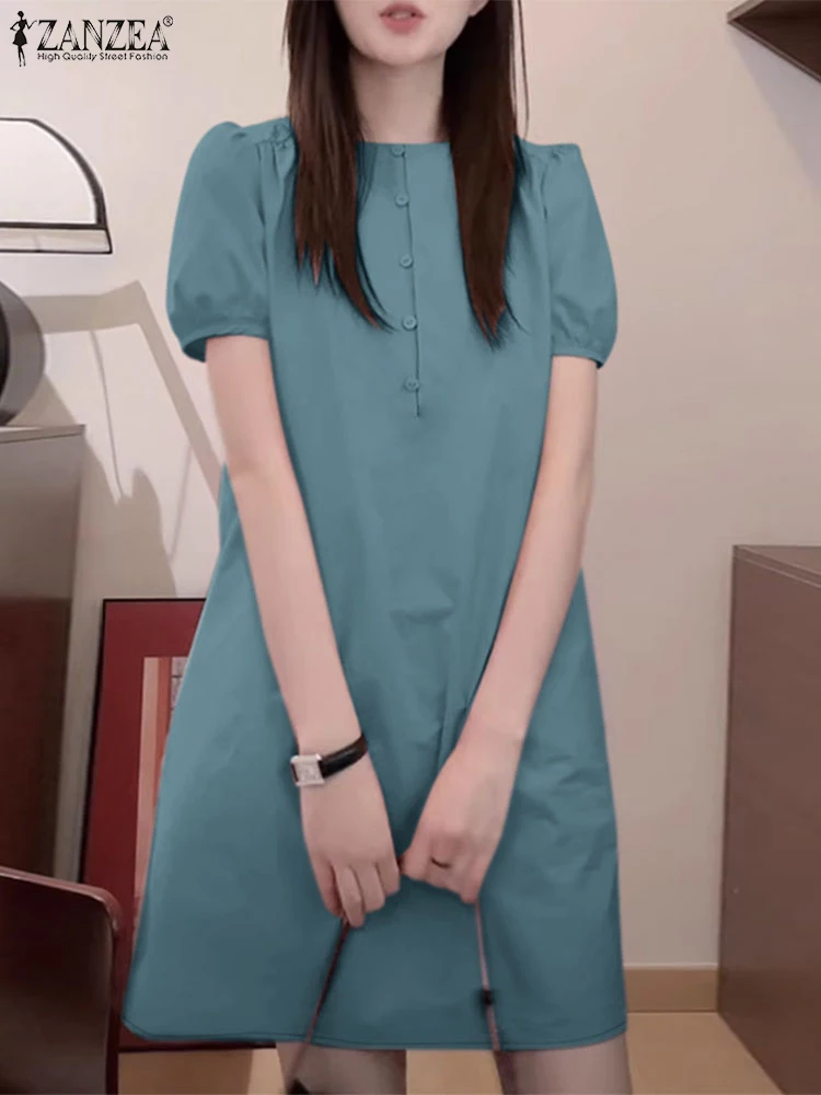 

ZANZEA Short Puff Sleeve O Neck Robes Women's Elegant Solid Color Commute A-line Dresses Casual 2025 Summer Knee-length Vestidos