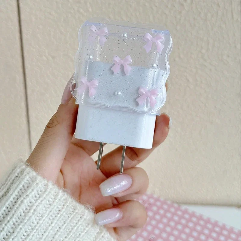 Transparent Pink 3D Bowknot Cellphone Charger Protective Case Sleeve for Apple IPhone 18/20W Laser Cable Winder Wire Protectors view 3
