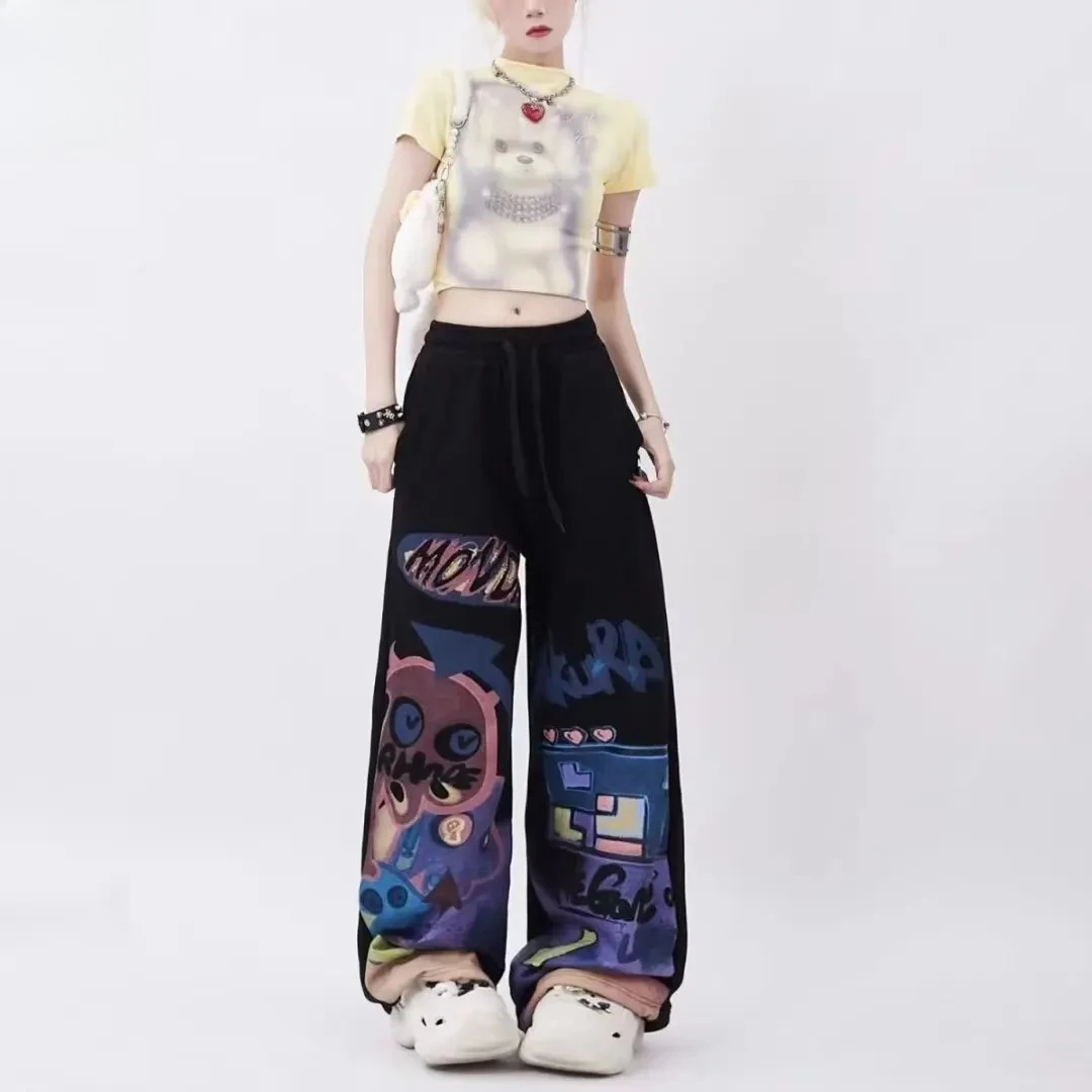 

Casual Pants Women's 2025 Summer Tide Brand Graffiti Drawstring Design Sweet Cool Babes Wide Leg Pants Tide