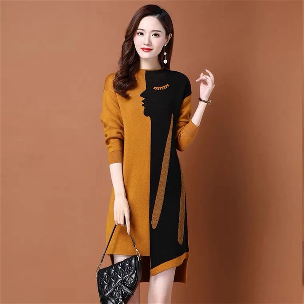 Knitted Sweater Dress Women Autumn Kawaii Fashion Pullover Slim A Line Jacquard Letter High Waist Knitted Dresses Vestidos