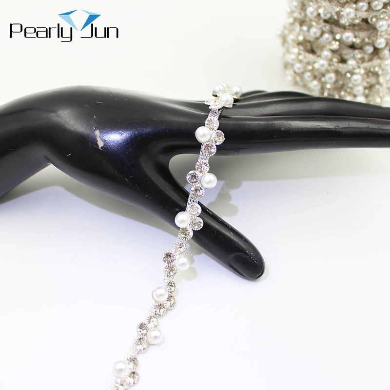 1/5 Yards Three Drill One Pearl Metal Chain DIY Decoration Crystal Rhinestone Trim For Clothing Shoes Bags Accessories ML166