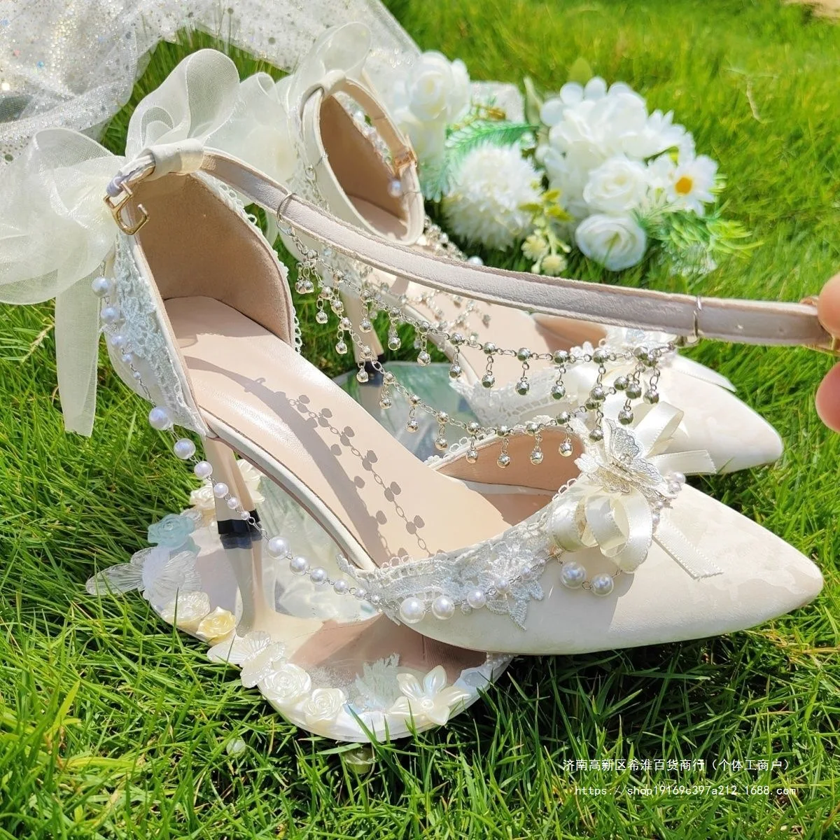 โลลิต้าดอกไม้งานแต่งงานGorgeousผู้หญิงรองเท้าส้นสูงHand-Madeเงารองเท้าPointed Toeครีม-สีขาวใหม่