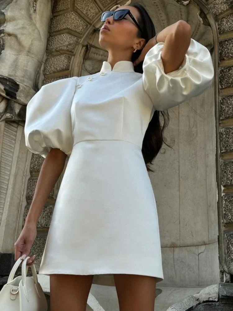 Mulheres de luxo gola puxar manga branco vestidos de festa 2025 outono senhora elegante cintura alta túnicas magro curto vestido de noite