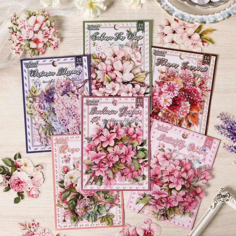 Paquete de pegatinas con temática floral vintage de 20 hojas, patrones de flores clásicas con tonos retro para cuenta de mano, álbum de recortes