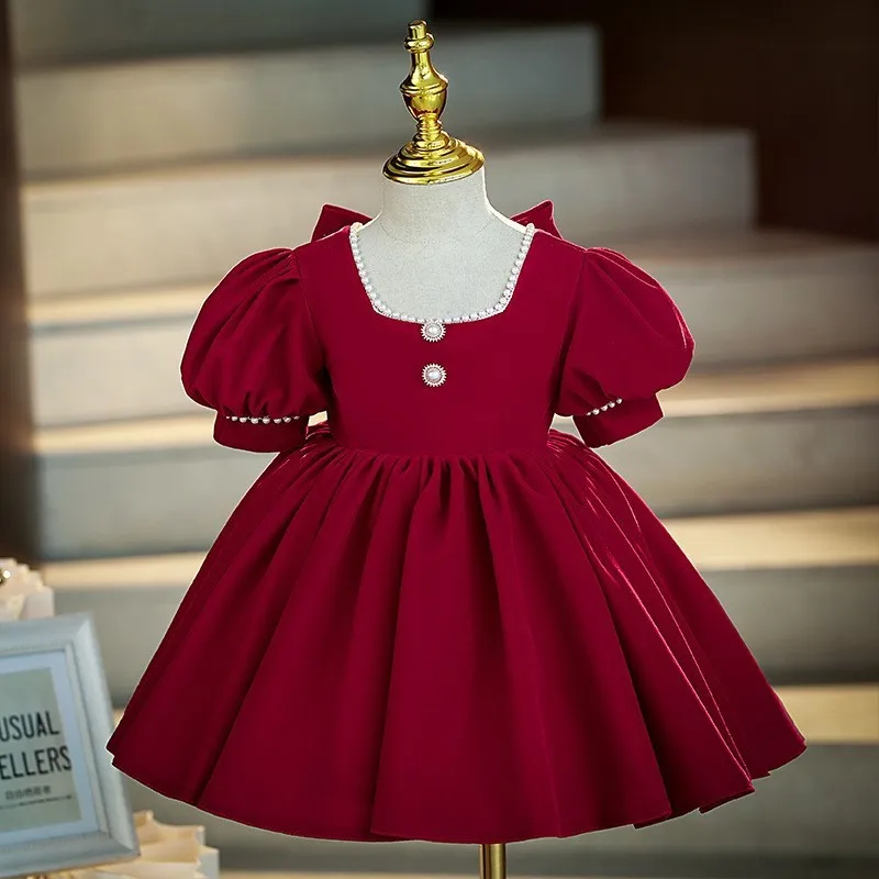 Baby Girl Princess Gold Velvet Pearl Beading Dress Puff Sleeve Infant Toddler Child Vestido Christmas Party Baby Clothes 1-10Y