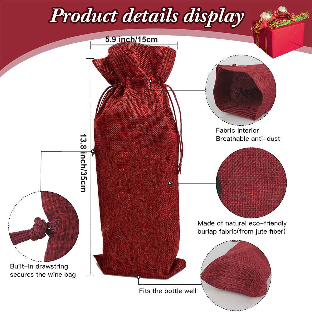 Merry Christmas Print Burlap Wine Bag Christmas Gifts for Friend Family Xmas Party Decor Bottle Drawstring Bags Bottle Pouches