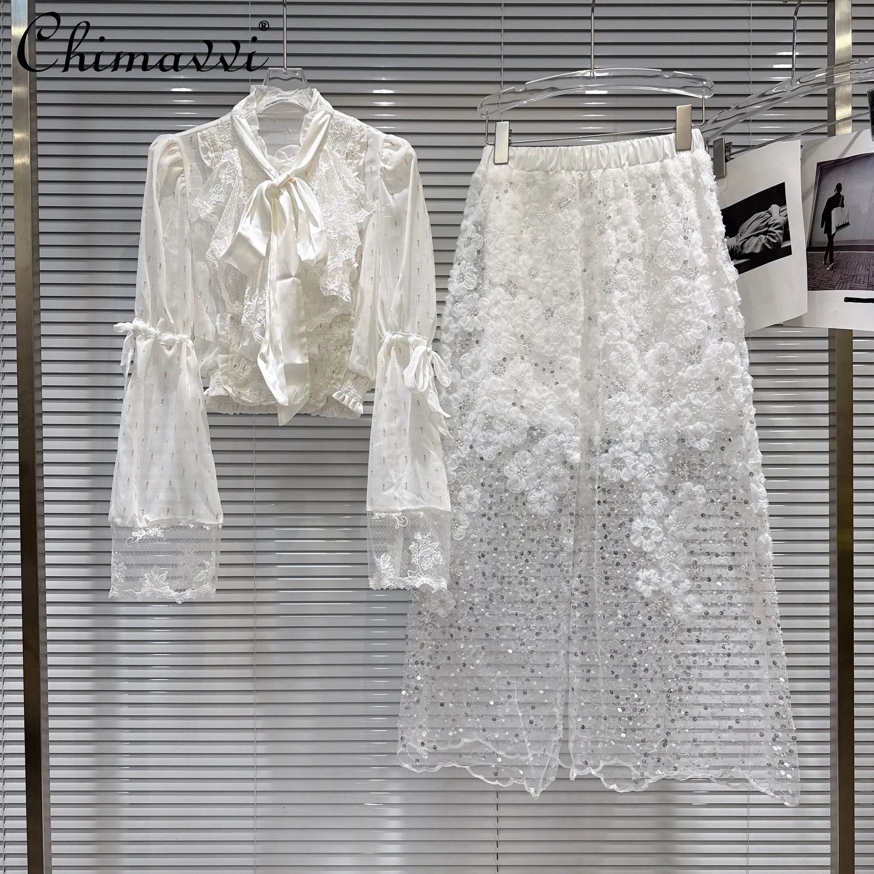 2026 primavera estilo coreano elegante moda rendas arco manga longa blusa de cintura alta frisado malha saias conjuntos de duas peças para mulher