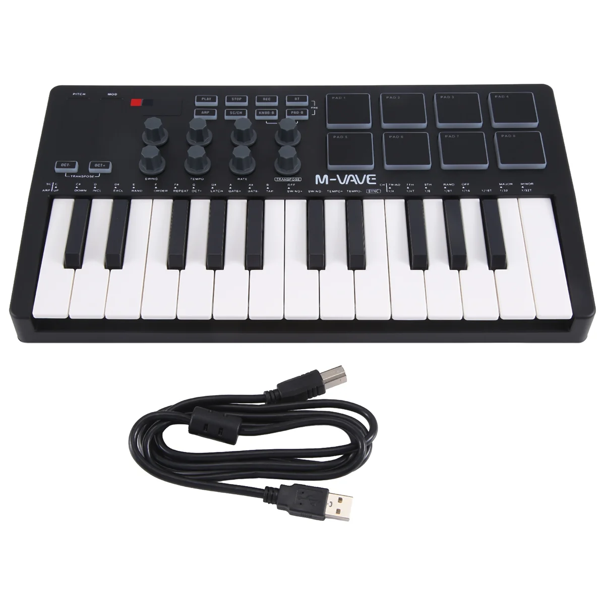AT53 MIDI Controlador de teclado MIDI USB de 25 teclas Teclado arreglador portátil Rgb Pad Teclado controlador USB Midi Negro + Blanco