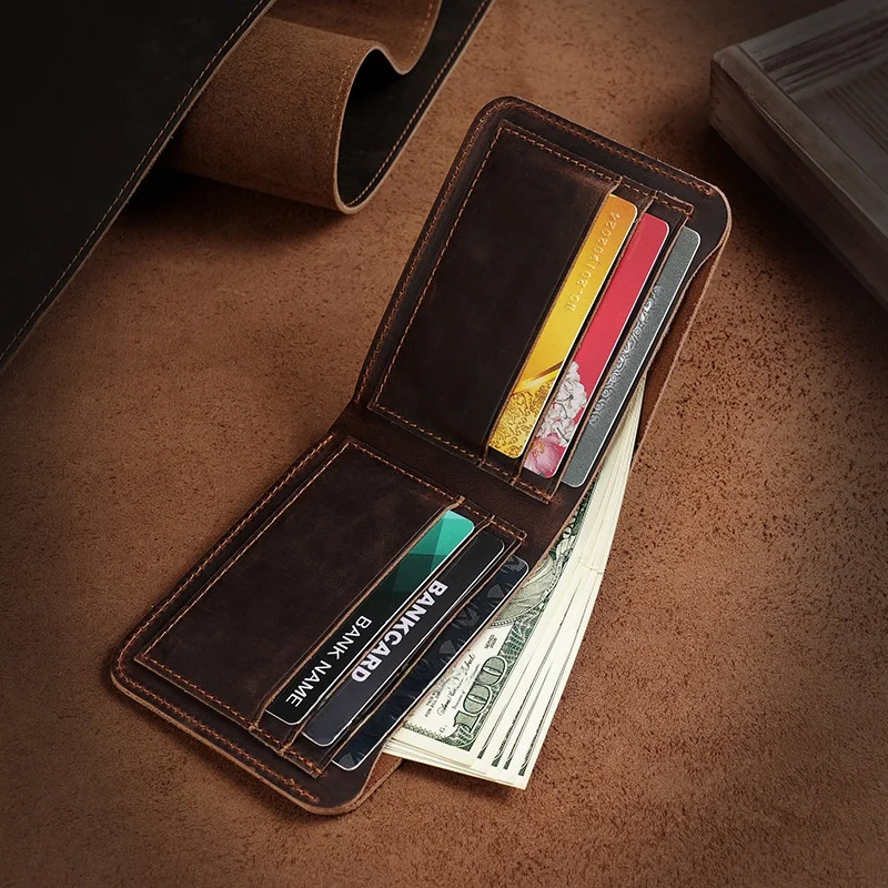 Vintage Short Genuine Leather Wallet for Men Horizontal Style Multi-Card Slot Cashier Simple Design Business Casual Wallet