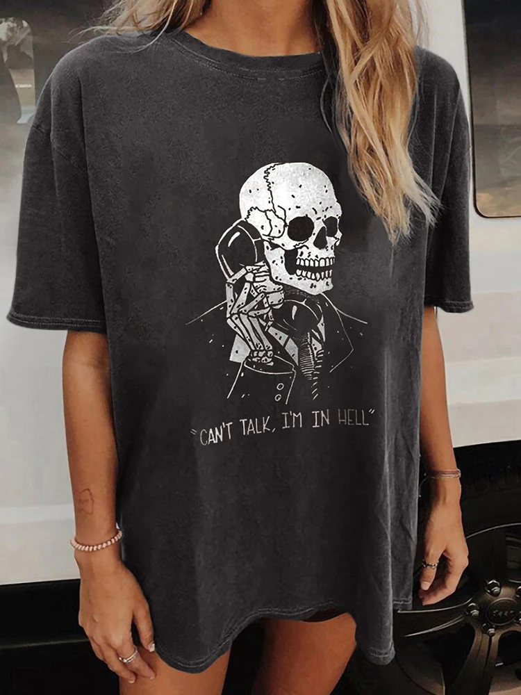 

Seeyoushy Can't Talk I'm In Hell Funny Skulls Print Women T-shirts Vintage Old Summer Graphic T Shirts Drop Shoulder 90s Y2K Top