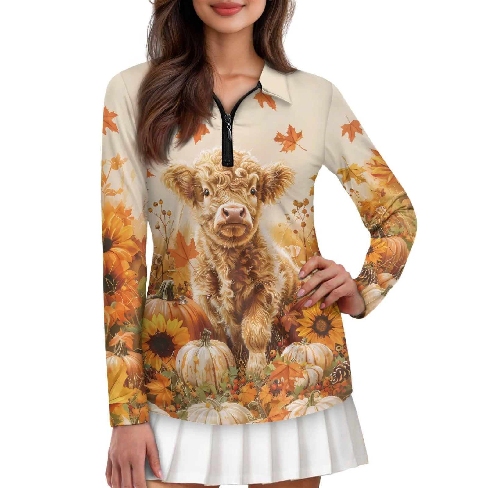 PENSTROLL Highland Cow Autumn Womens Long Sleeve Golf Clothes Lightweight Tennis Polo Shirts for Camping