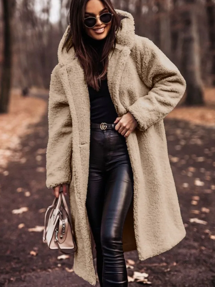 Damen Einfarbiger Wärmehaltender Plüsch-Wollmantel Verdickter Einreihiger Langer Kapuzenmantel Herbst Winter Damenkleidung Streetwear