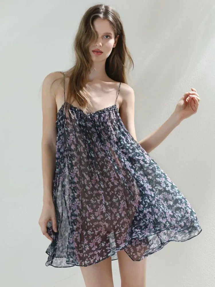 

150kg Large Size Floral Suspender Nightgown Sexy Loose See Through Babydoll Lingerie Korean Style Pajamas Dress Beach Mini Dress