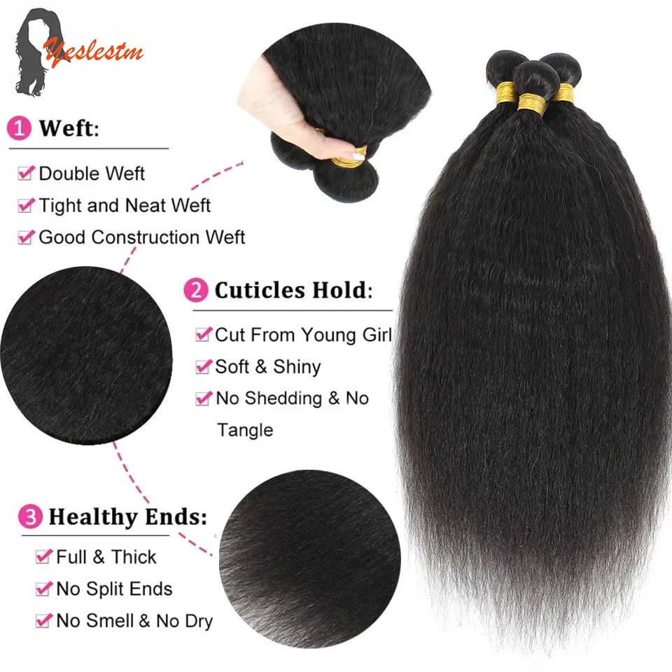 Kinky Straight Hair Bundles 100% Human Hair Weave Bundles 1/3/4 PCS Virgin Hair Brazilian Yaki Natural Hair Extensions Thick End