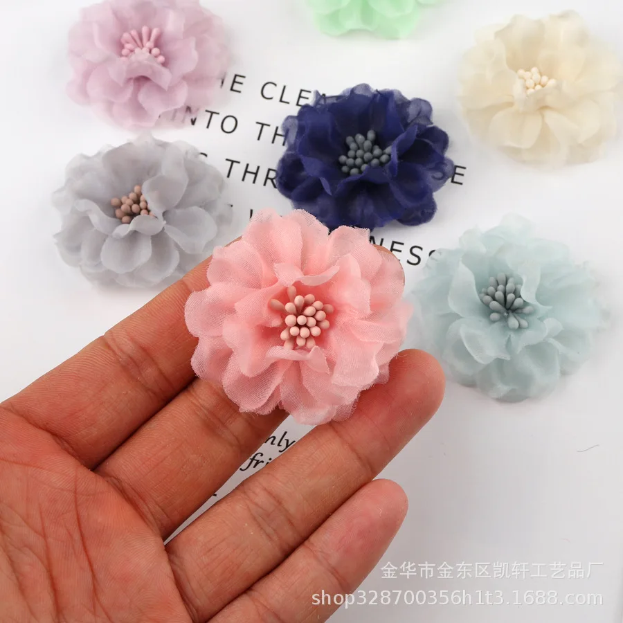 10Pcs 4CM Handmade Chiffon Multilayer Fabric Cored Flowers For DIY Hair Accessories Hats Headband Wedding Dress Decoration