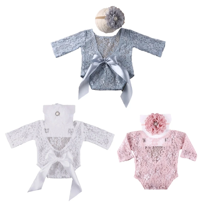 

2 Pcs/Set Newborn Photography Props Baby Boys Girls Lace Romper Flower Headband Set Lace Jumpsuit Bodysuit