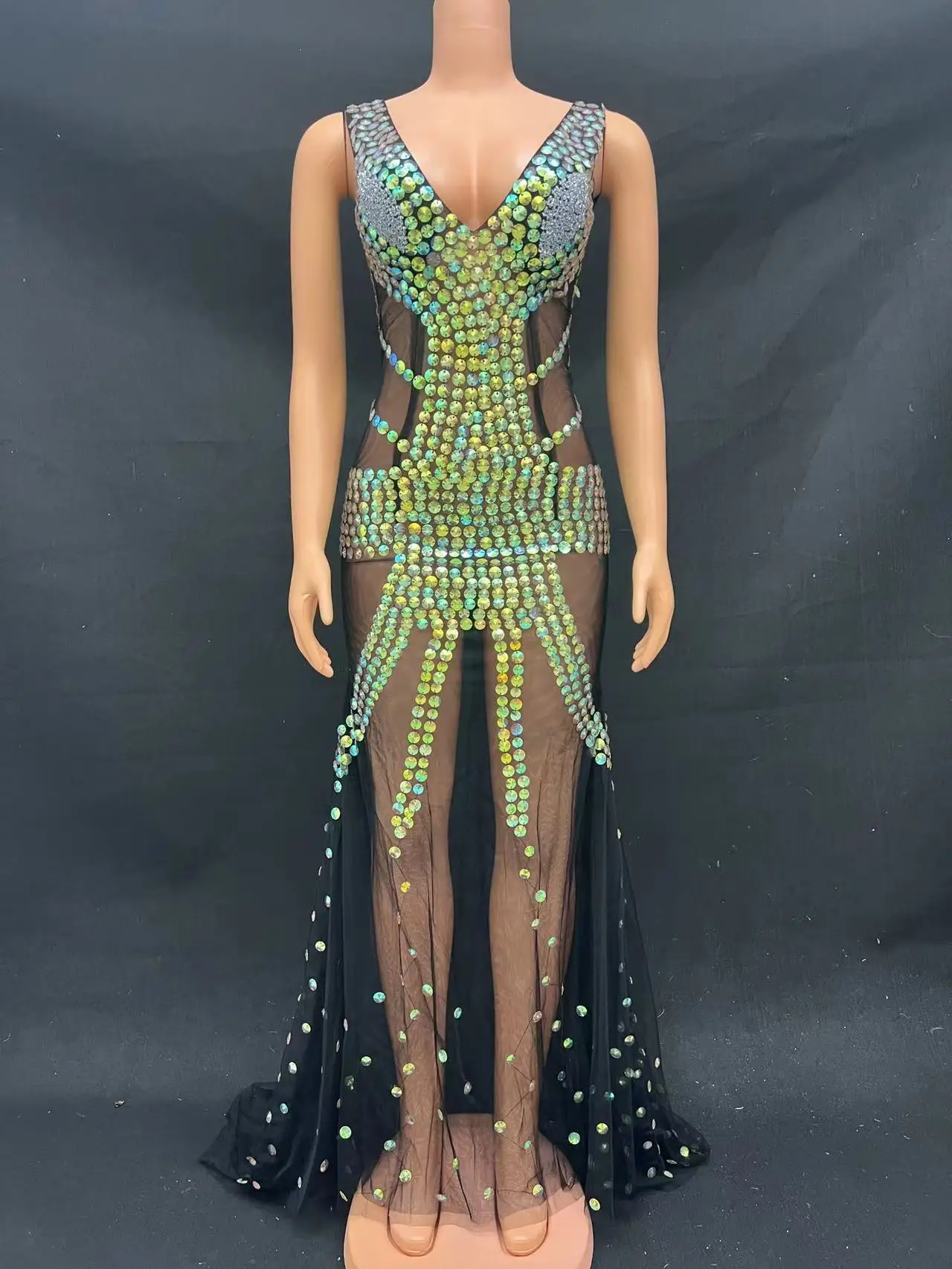 

Sexy Sparkly Multicolor Rhinestones Sleeveless Mesh perspective Long Women's Birthday Celebrate Nightclub Singer Show Dress