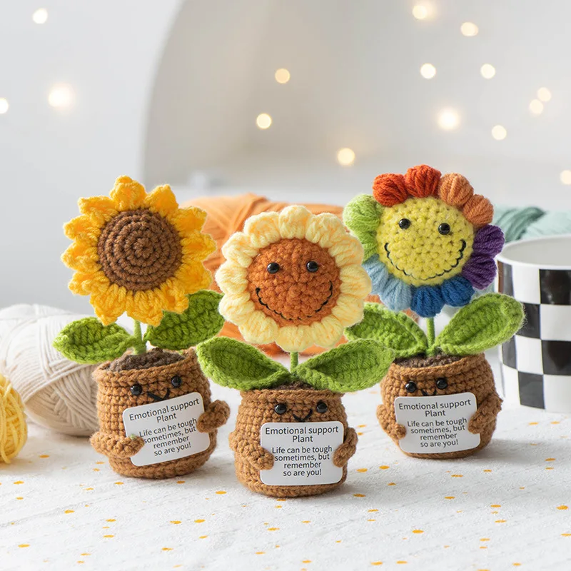 Niedliche Häkelblumen im Topf, handgewebt, Sonnenblumen-Schreibtischzubehör, positiv, emotional, Häkelblume, Topf, Zuhause, Tischdekoration, Geschenk