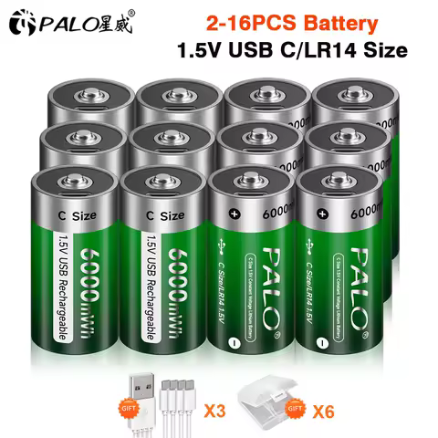 PALO 2-16PCS 1.5V C Size Rechargeable Battery Type C USB Charging R14 LR14 Li-ion C Battery Batteries for Flashlight Gas Cooker