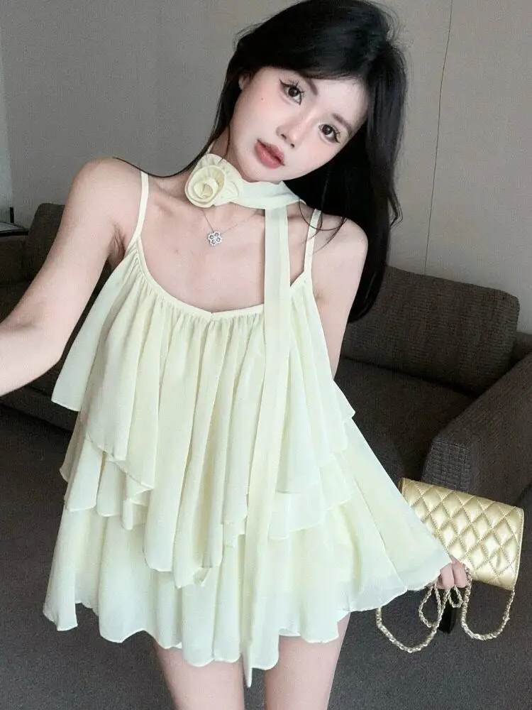 Delicate Wind Irregular Design Sensation Strap Vest Summer  Three-dimensional Flower Sash Sleeveless Lace Shirt Top