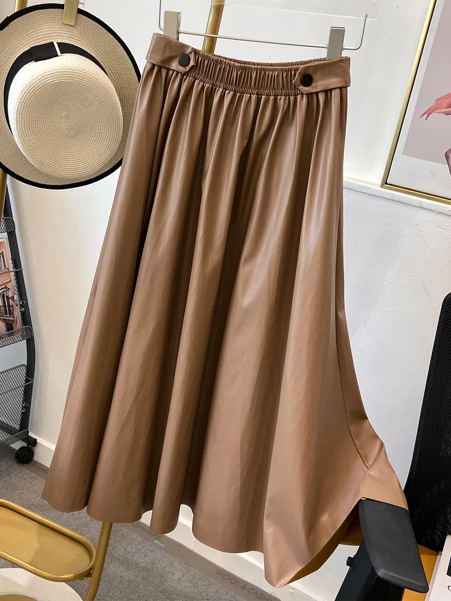 

Croysier Skirts For Women 2022 Elegant Vintage PU Leather Big Swing A Line Midi Skirt Elastic High Waist Faux Leather Skirt