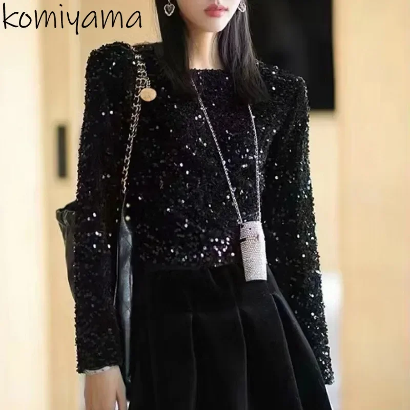 Small Fragrance Sequins Women Clothing Bling Ropa Mujer 2025 New Round Neck Long Sleeve Camisetas Elegant Ropas Trendy Clothes