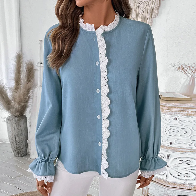 Blusen Frauen Hemd Rundhals Volle Hülse Tops Spitze Y2k Streetwear Elegante Splice Casual Shirts Top Arbeit Slim Fit Herbst