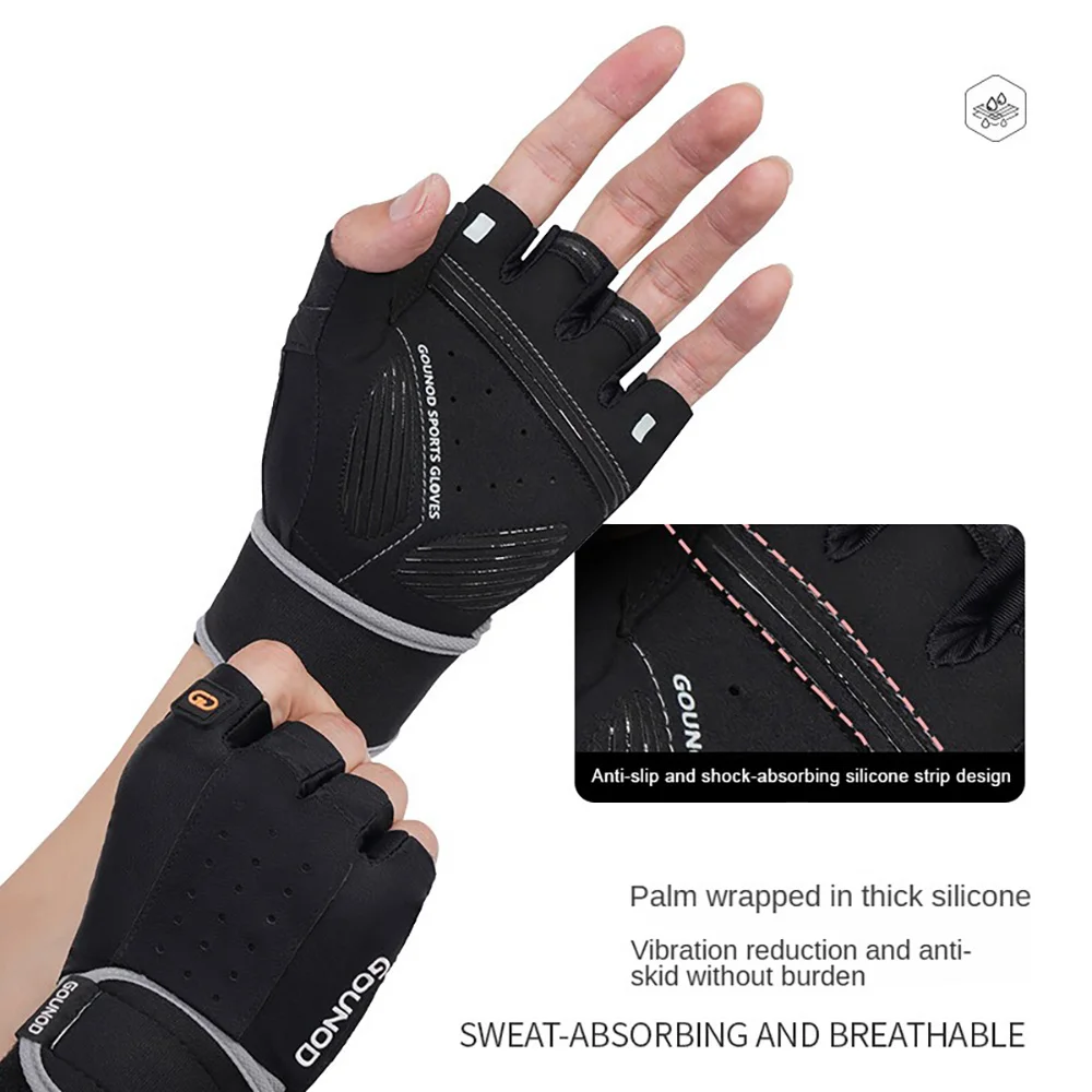 Atmungsaktive Fitness-Sport-Halbfingerhandschuhe für Männer und Frauen, Radfahren, Fitnessstudio, Workout, Gewichtheben, rutschfest, mit langem Handschlaufe