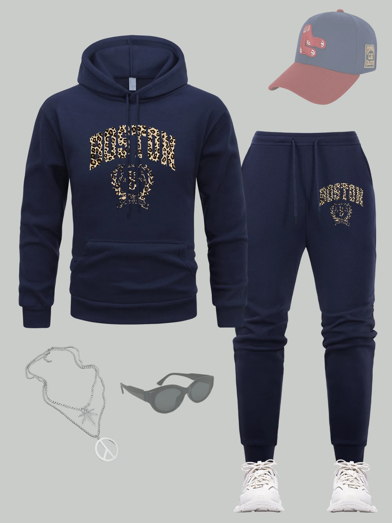

Boston Art 1630 Printing Mens Hoodies Fleece Casual Hoodie Set Autumn Loose Sweatpants Pocket All-Match Sportswears Sets