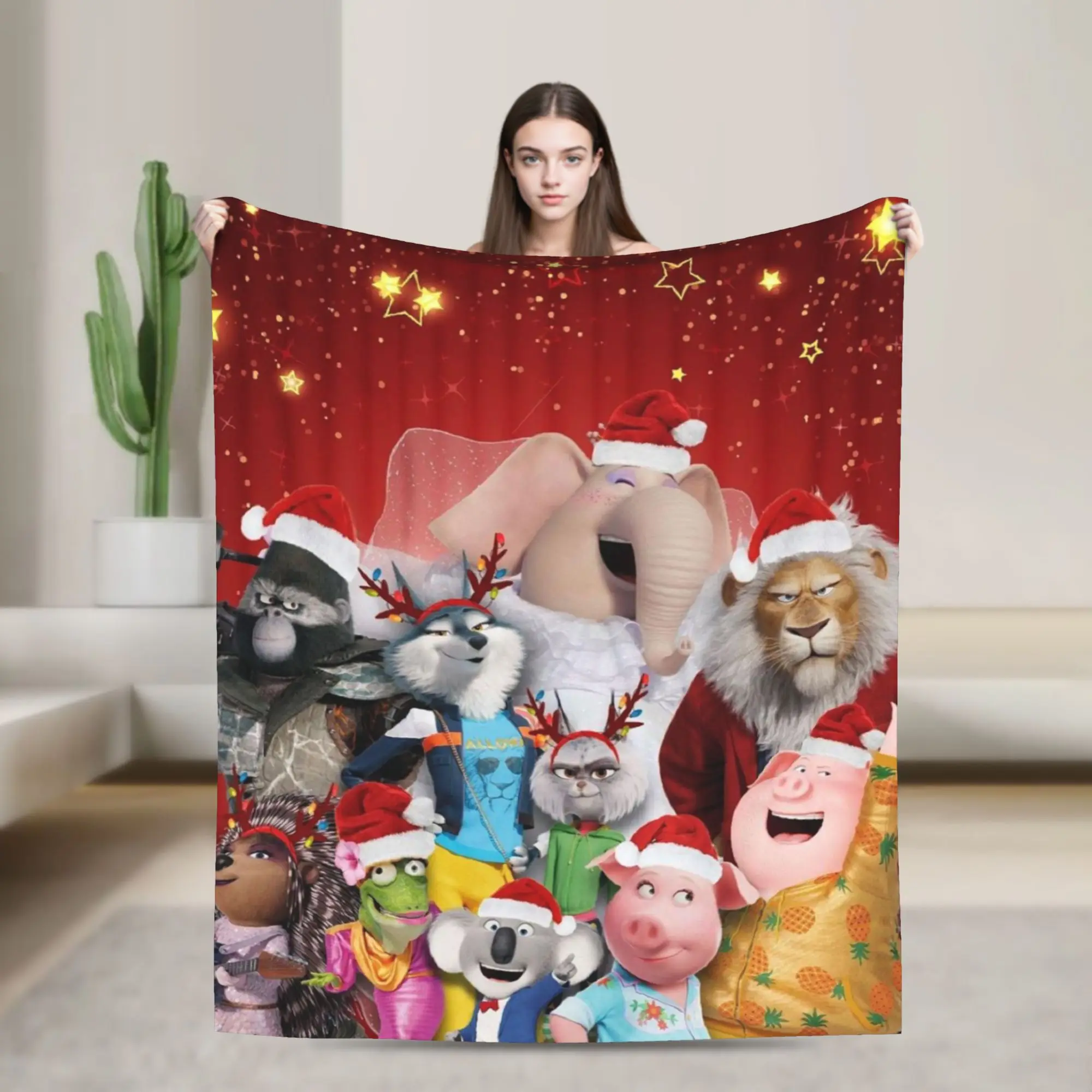 Christmas Sing 2 Movie Cartoon Blanket Cover Musical Comedy Xmas Flannel Throw Blankets Airplane Travel Lightweight Bedspread
