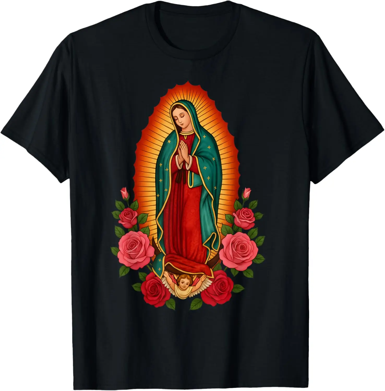 

Our Lady of Guadalupe Virgin Mary Catholic Graphic Tee Religious Soft Cotton T-Shirt
