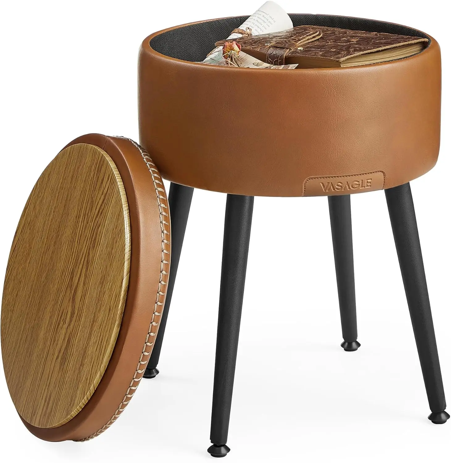 Modern Round Storage Ottoman with Steel Legs, Holds 330 lb, Caramel Brown - Versatile Seat and Side Table